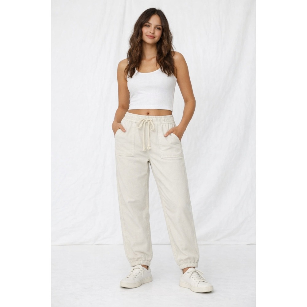 Aerie Distressed White Cotton‎ Cargo Pants Medium M Elastic Waist Drawstring